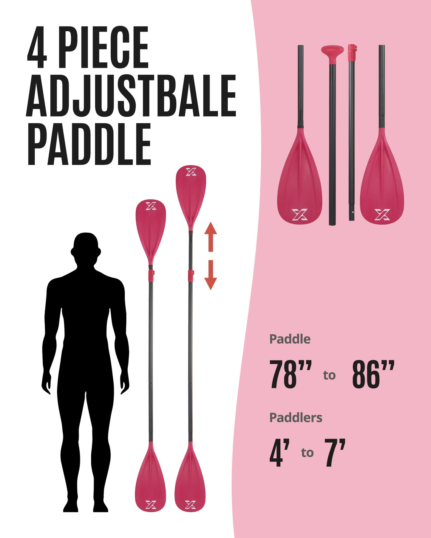 Sup Paddle - Red, 4-Pieces Detachable Floating Paddle Board Paddle, Lightweight & Durable Ora, 66’’-82’’ Adjustable SUP Paddles