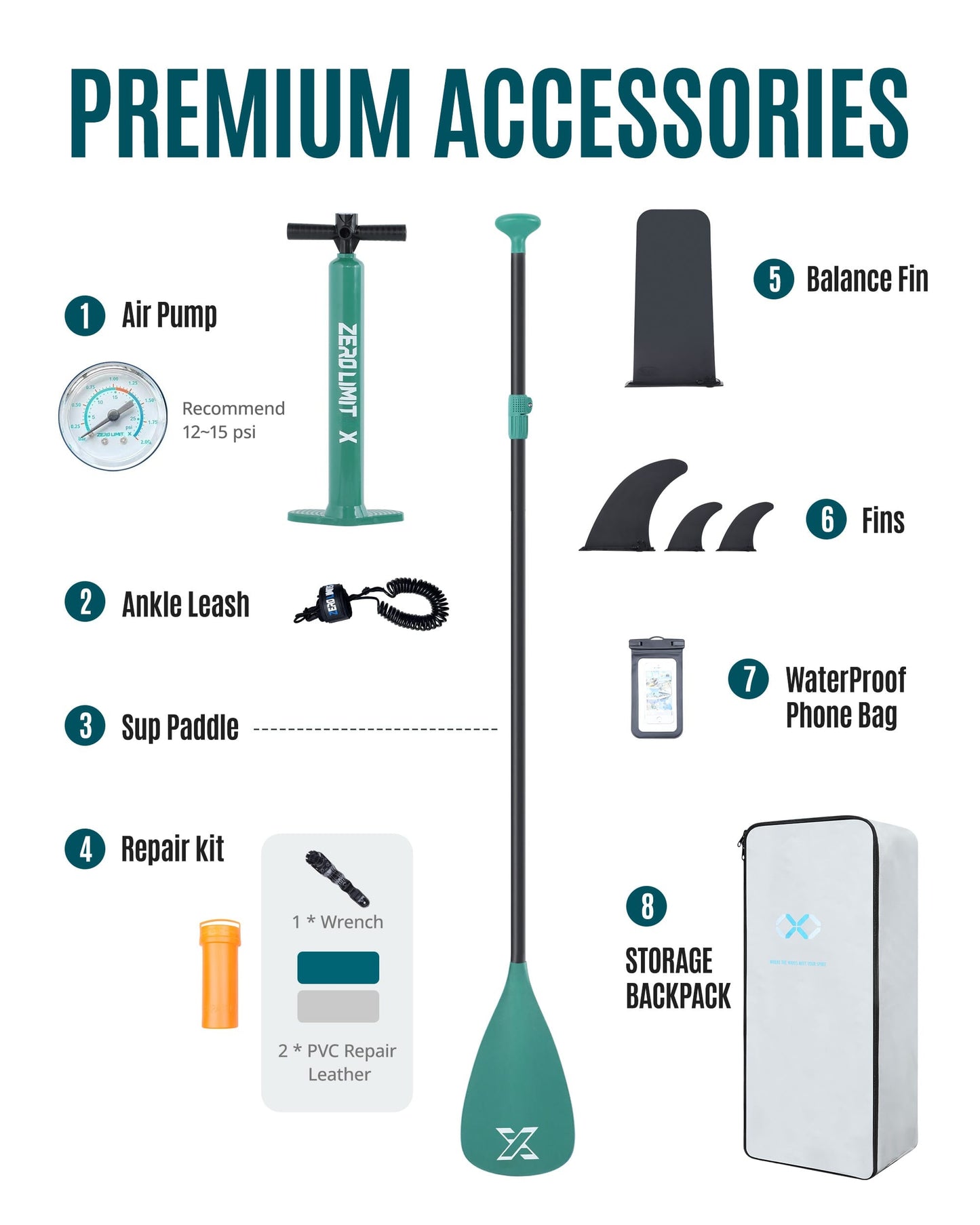 10’6’’ - Dark Green Inflatable Stand Up Paddle Board with SUP Accessories - 02A