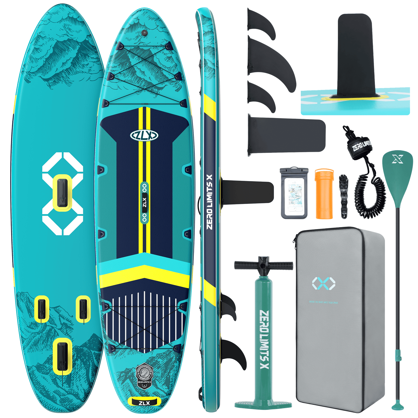 ZLX 11'6"x35" Ultra Wide Inflatable Stand Up Paddle Board, Stable Non-Slip Deck Pad, Unique Fin System, Premium Accessories - Upgraded SUP Pump & Backpack for Adults, All Skill Levels