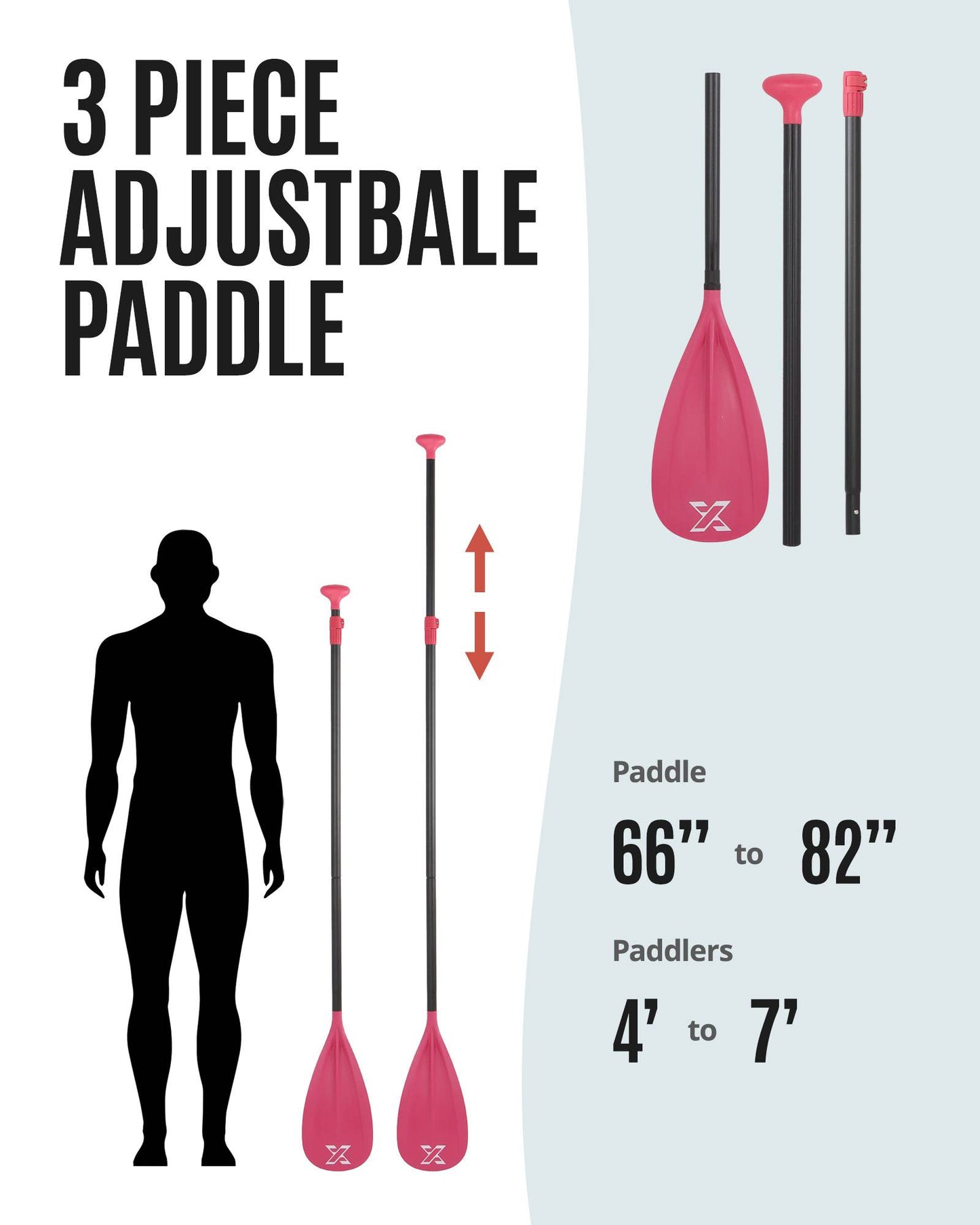 Sup Paddle - Red, 3-Pieces Detachable Floating Paddle Board Paddle, Lightweight & Durable Ora, 66’’-82’’ Adjustable SUP Paddles