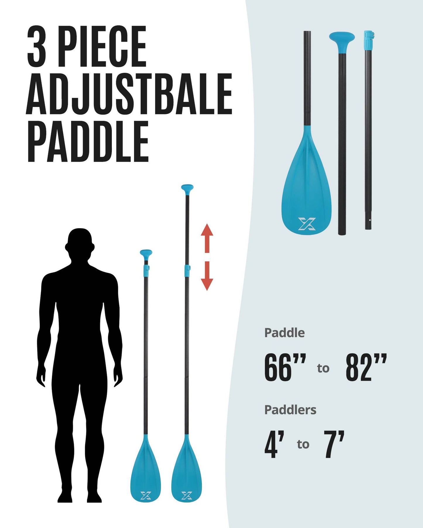 Sup Paddle - Blue, 3-Pieces Detachable Floating Paddle Board Paddle, Lightweight & Durable Ora, 66’’-82’’ Adjustable SUP Paddles