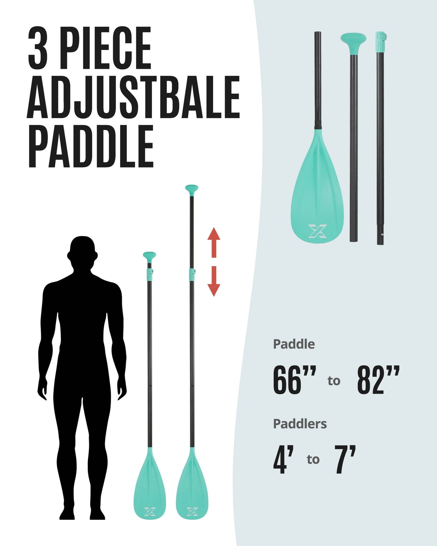 Sup Paddle - Green, 3-Pieces Detachable Floating Paddle Board Paddle, Lightweight & Durable Ora, 66’’-82’’ Adjustable SUP Paddles