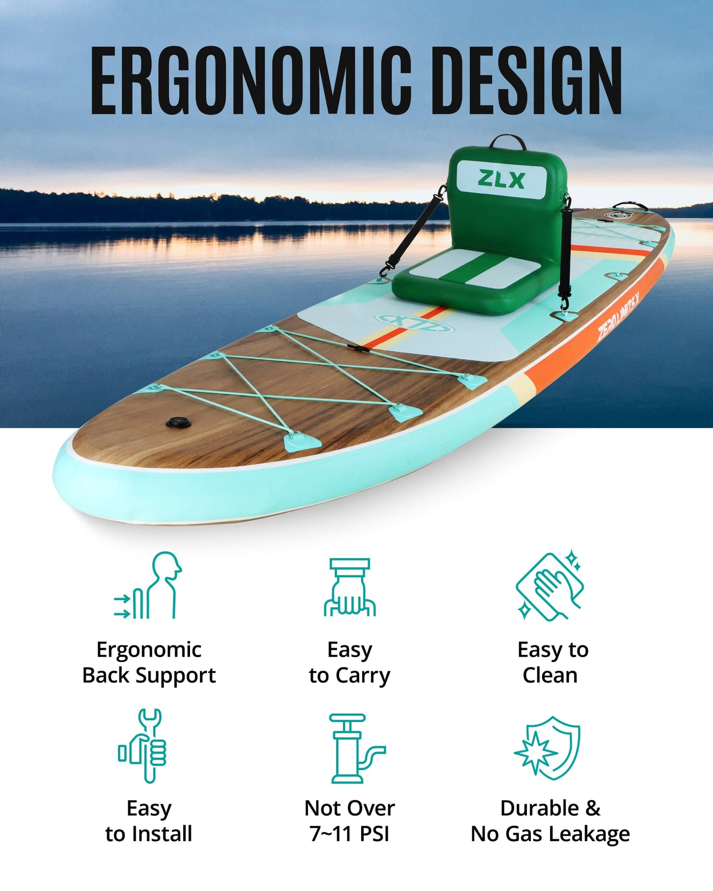 ZLX Paddle Board Seat with Back Support, Portable Kayak Seat, Air Pump Included, Universal Inflatable Seat for Adults, Foldable Ergonomic Design, Easy Install for Outdoor Fishing/Kayaking/Camping