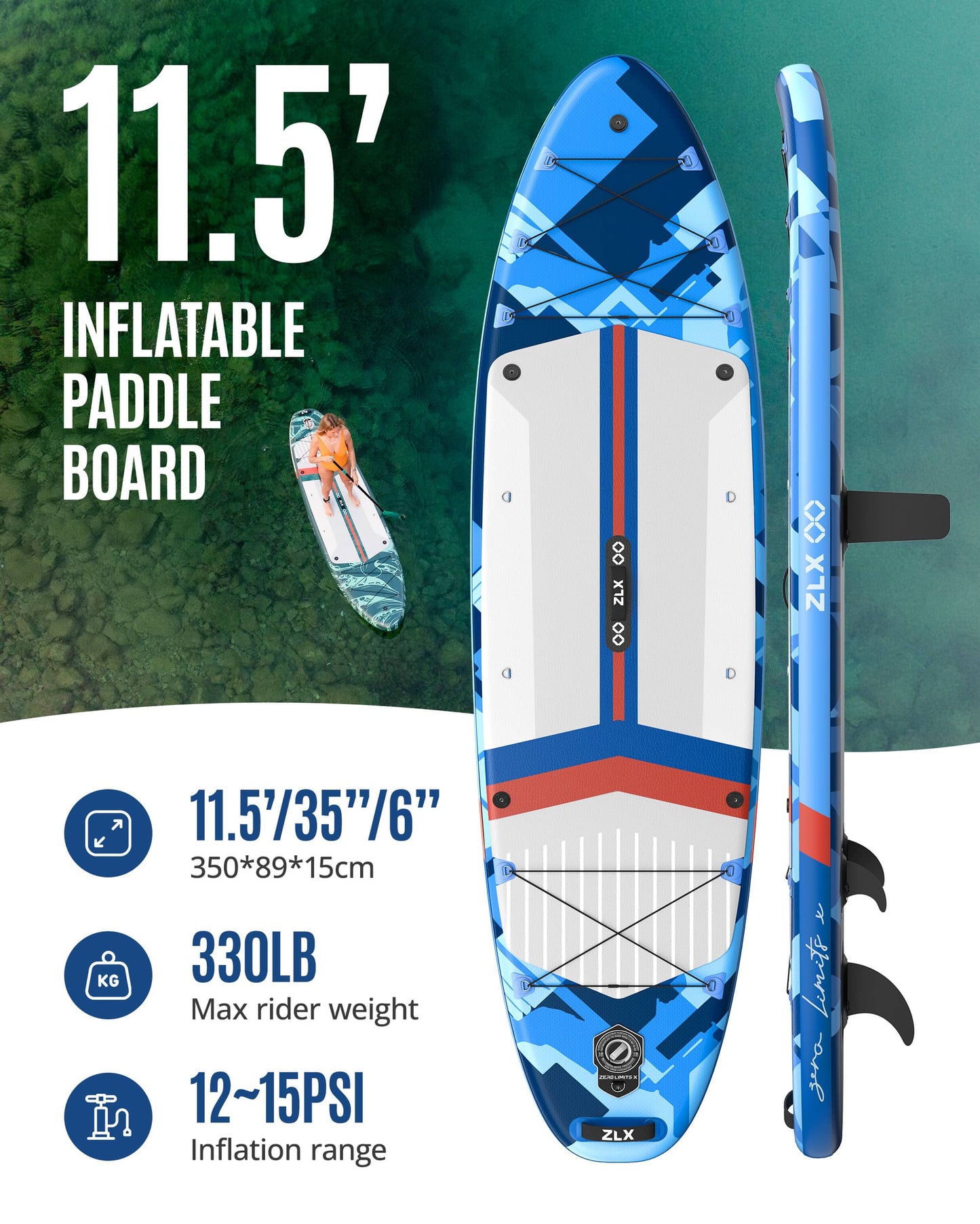 11’6’’ Blue-Inflatable Stand Up Paddle Board with SUP Accessories-04A