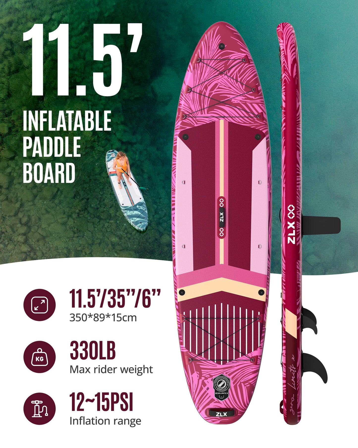 11’6’’ Rose Red-Inflatable Stand Up Paddle Board with SUP Accessories-03A