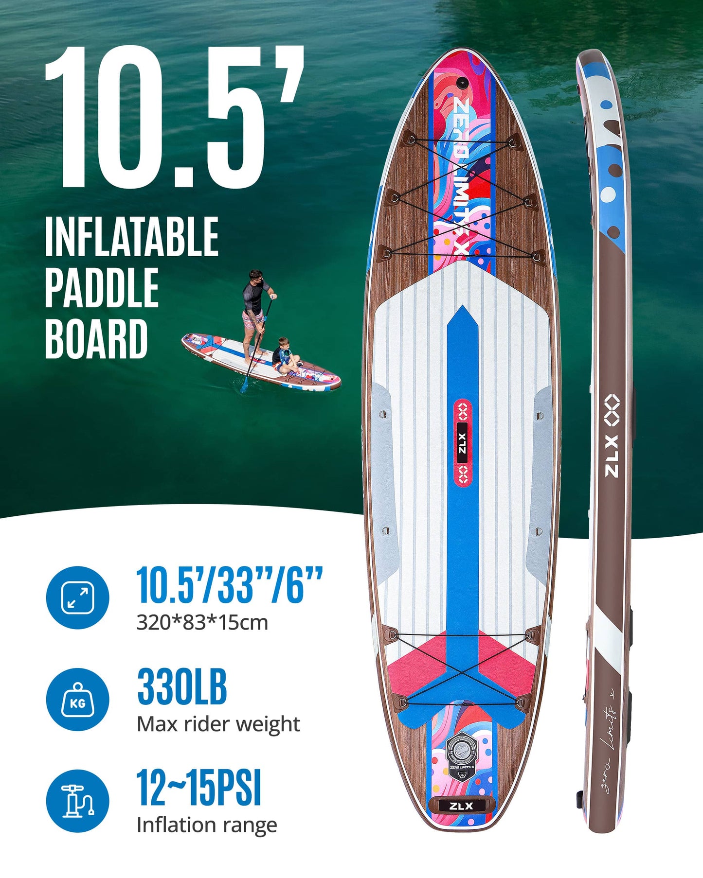 10’6’’ - Blue Inflatable Stand Up Paddle Board with SUP Accessories - 05A