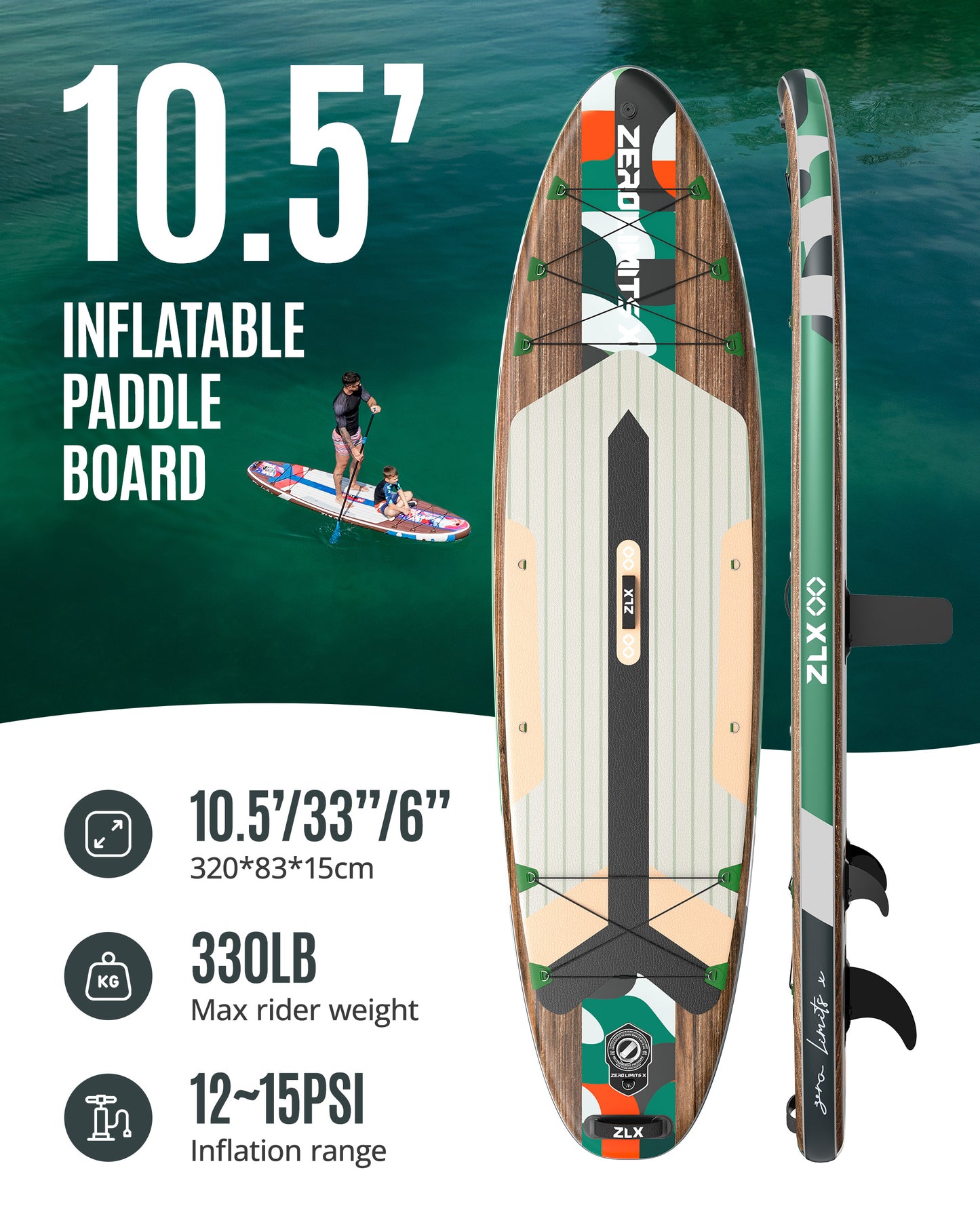 10’6’’ - Green Inflatable Stand Up Paddle Board with SUP Accessories - 01A