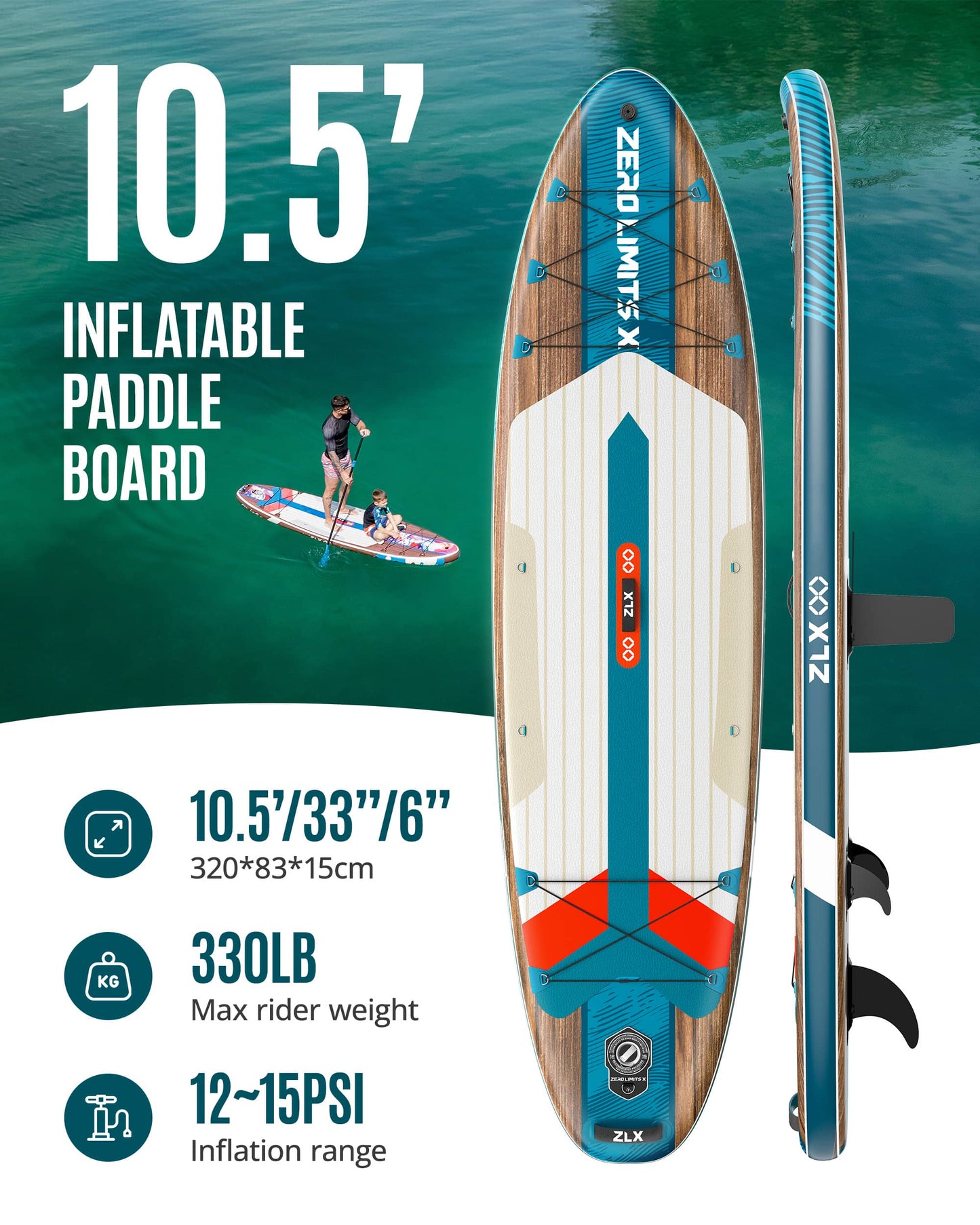 10’6’’ - Dark Green Inflatable Stand Up Paddle Board with SUP Accessories - 02A