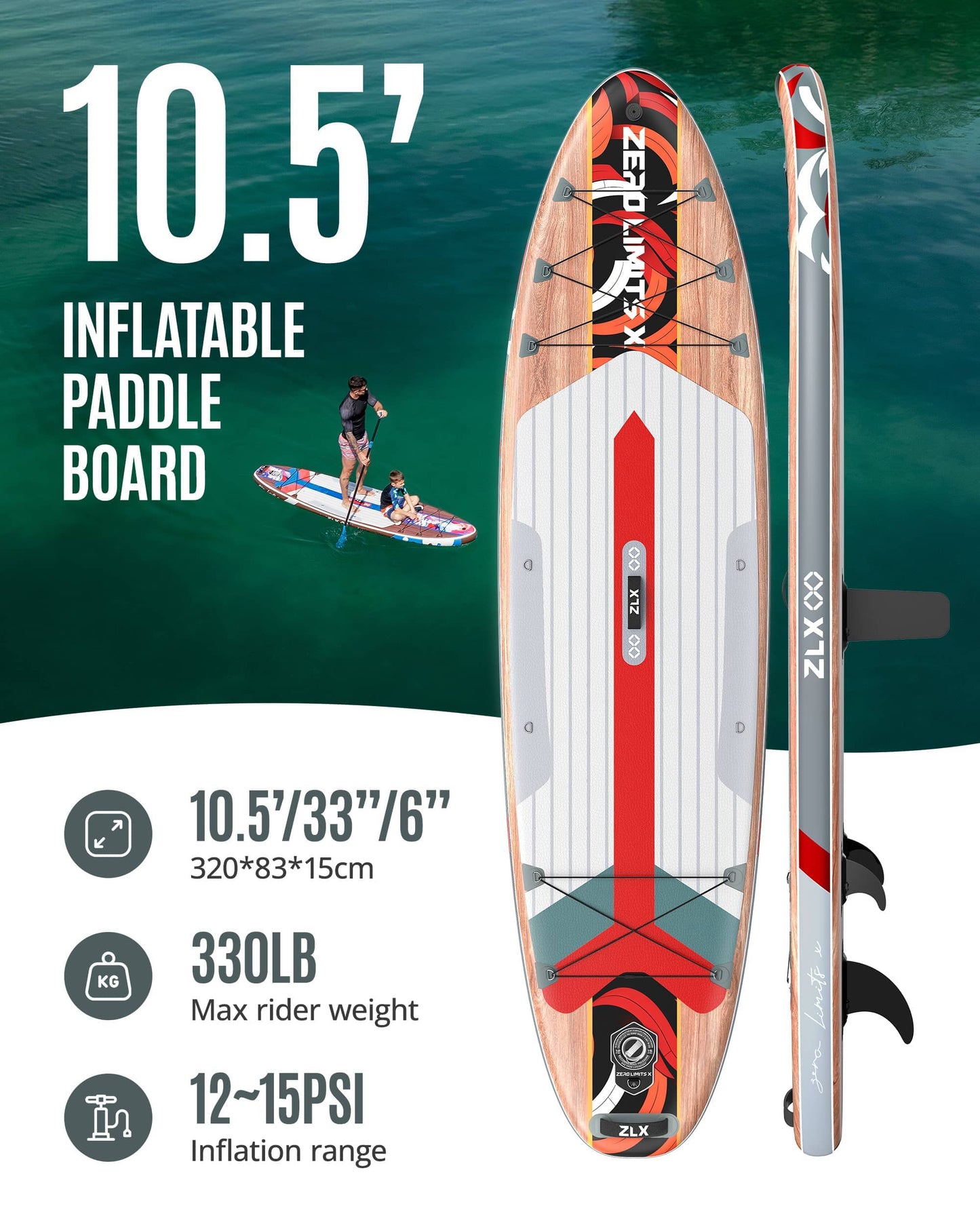 10’6’’ - Red Inflatable Stand Up Paddle Board with SUP Accessories - 04A