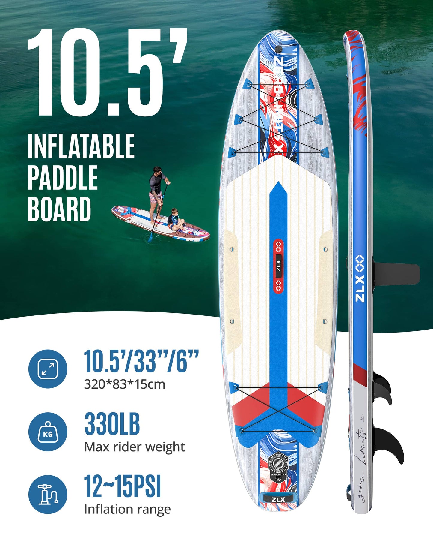 10’6’’ - Grey Inflatable Stand Up Paddle Board with SUP Accessories - 03A