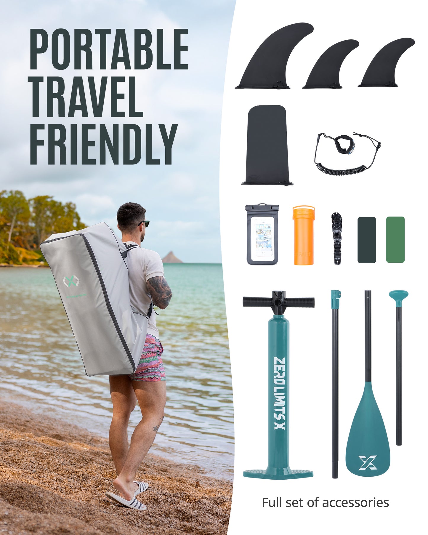 10’6’’ - Green Inflatable Stand Up Paddle Board with SUP Accessories - 01A