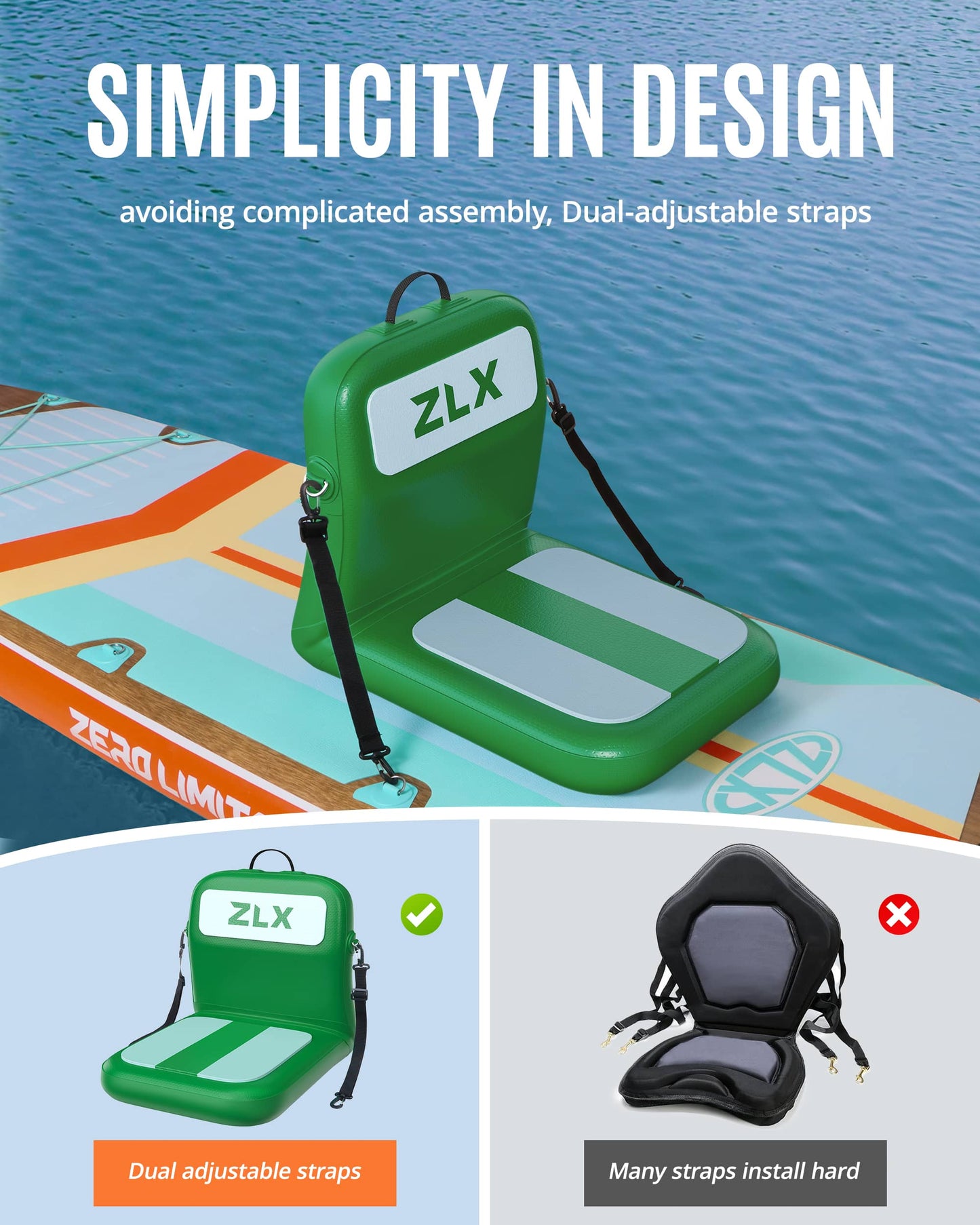 ZLX Paddle Board Seat with Back Support, Portable Kayak Seat, Air Pump Included, Universal Inflatable Seat for Adults, Foldable Ergonomic Design, Easy Install for Outdoor Fishing/Kayaking/Camping