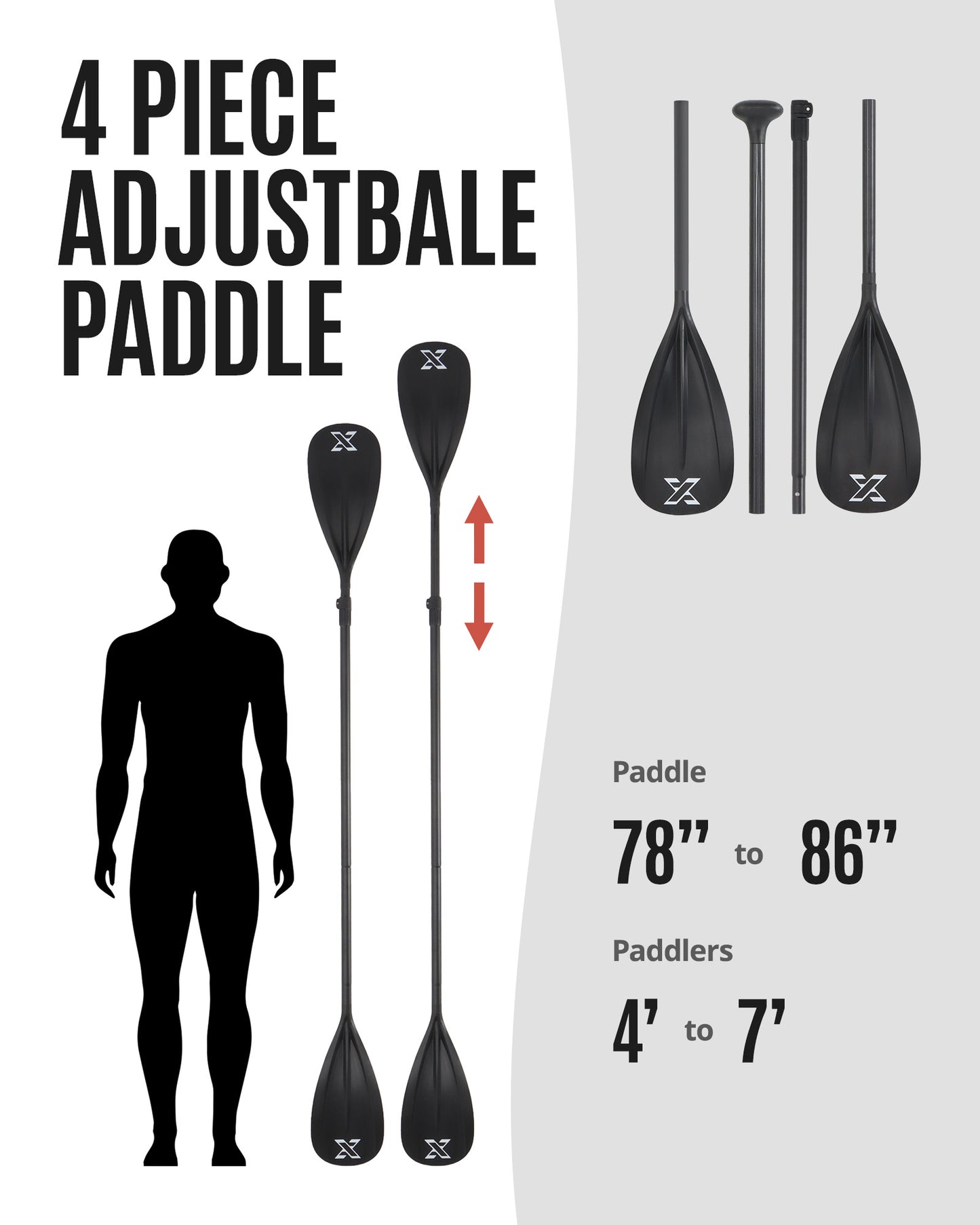 Sup Paddle - Black, 4-Pieces Detachable Floating Paddle Board Paddle, Lightweight & Durable Ora, 66’’-82’’ Adjustable SUP Paddles