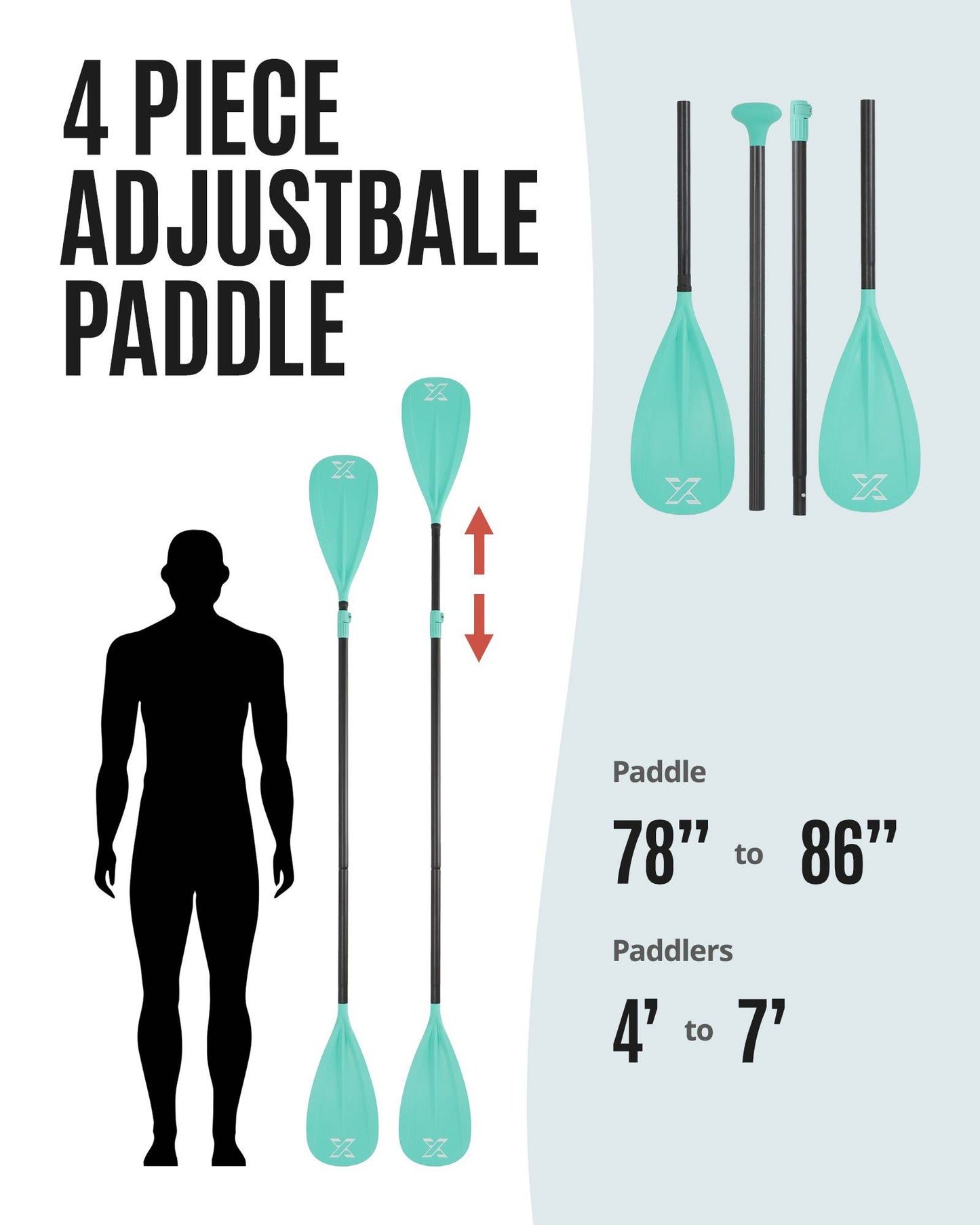 Sup Paddle - Green, 4-Pieces Detachable Floating Paddle Board Paddle, Lightweight & Durable Ora, 66’’-82’’ Adjustable SUP Paddles