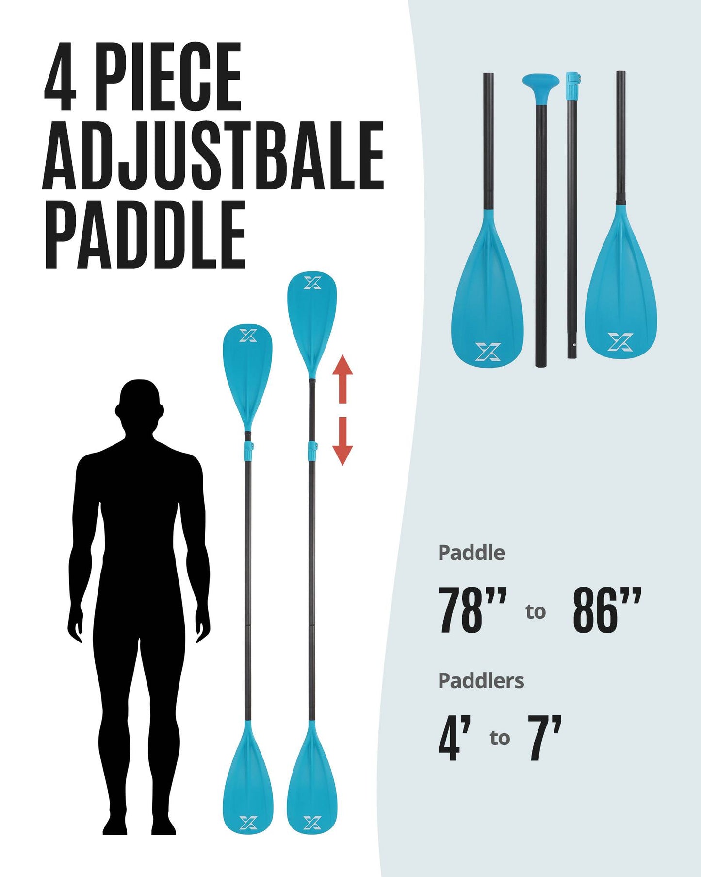 Sup Paddle - Blue, 4-Pieces Detachable Floating Paddle Board Paddle, Lightweight & Durable Ora, 66’’-82’’ Adjustable SUP Paddles